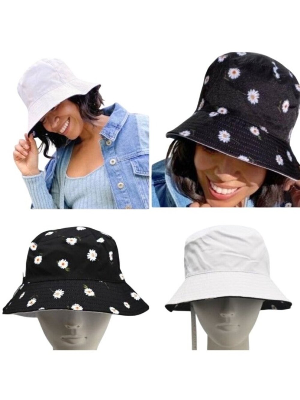 Alice + Olivia Reversible Daisy Bucket Hat Floral Y2K Summer Black White New